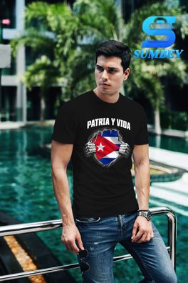 T-Shirt Herren-Patria Y Vida SOS Cuba Flag Free Cuba