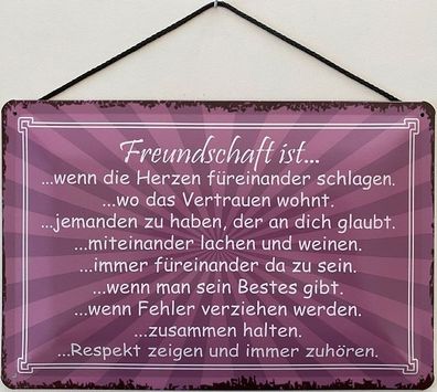 Blechschild mit Kordel 30 X 20cm Spruch: Freundschaft ist... wenn