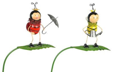 Gartenstecker Marienkäfer und Biene auf Blatt 2er Set