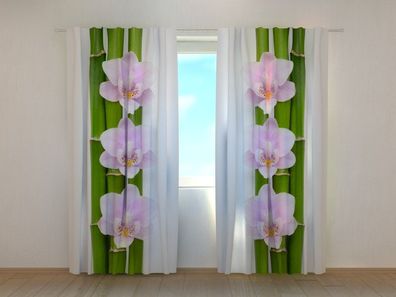 Fotogardine pinke Orchideen und Bambus, Vorhang mit Motiv, Digitaldruck, auf Maß