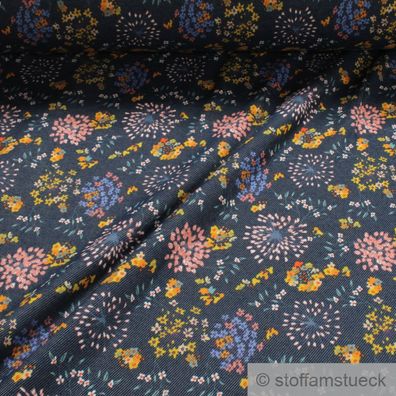 Stoff Baumwolle Polyester Elastan Alpen Jersey jeansblau Blume angeraut weich