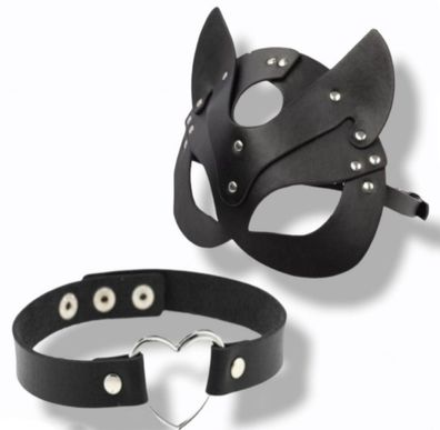 2 Teilig Katzenmaske mit Halsband Schwarz Katzen Fetisch BDSM Maske Kostüm