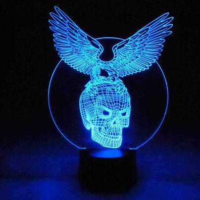 3D LED-Lampe Totenkopf mit Adler als Tischlampe RGB Innenleuchte Wohnlicht Biker Club