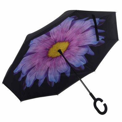 Regenschirm umgedreht Blau Lila Blume Stockschirm doppellagig Sturmfest Windsicher