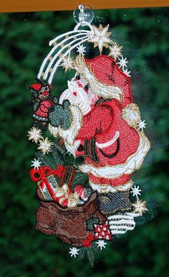 Plauener SPITZE &reg; Fensterbild Weihnachten 27 cm Stickerei Weihnachtsmann