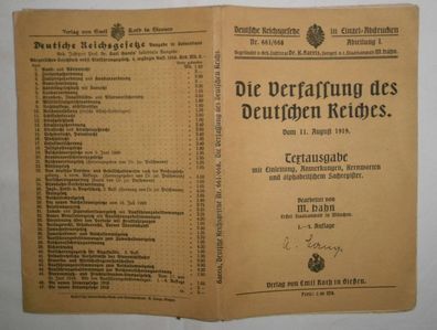 Die Verfassung des Deutschen Reiches vom 11. August 1919bearbeitet von M. Hahn