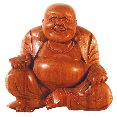 Lachender BUDDHA im Lotossitz Holz braun 15 cm Buddhismus Feng-Shui Statue Figur