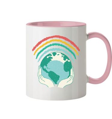 Regenbogen mit Weltkugel in Händen - Tasse zweifarbig