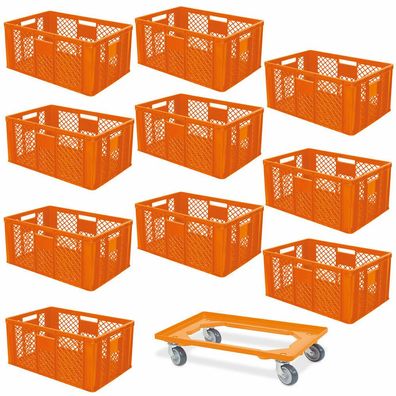 10x Bäckerkiste, 600x400x320 mm, lebensmittelecht, orange + Transportroller
