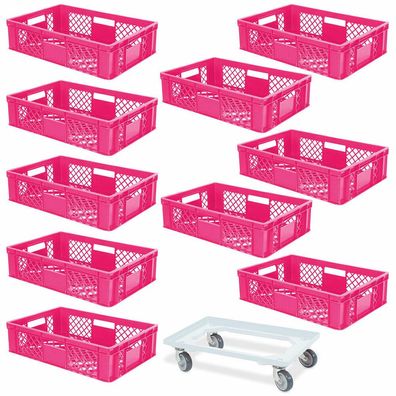 10x Bäckerkiste, 600x400x150 mm, lebensmittelecht, pink + Transportroller