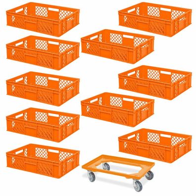 10x Bäckerkiste, 600x400x150 mm, lebensmittelecht, orange + Transportroller