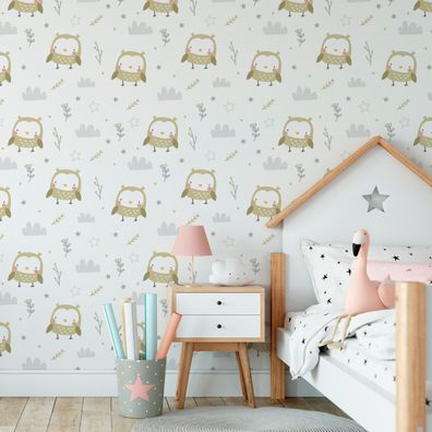 VLIES TAPETE Designtapete Kinderzimmer Voegel Eulen Blumen Sterne Himmel XXL 1906