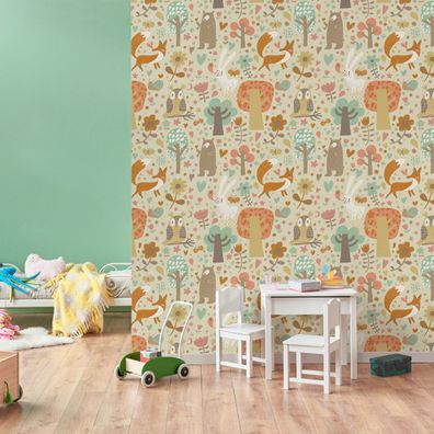 VLIES TAPETE Designtapete Kinderzimmer Wald Fuechse Hasen Blumen Baeume XXL 2279