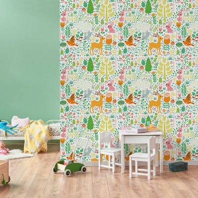 VLIES TAPETE Designtapete Kinderzimmer Wald Hirsche Hasen Baeume Blumen XXL 2435