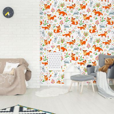 VLIES TAPETE Designtapete Kinderzimmer Fuechse Hasen Blumen Wiese Natur XXL 2130