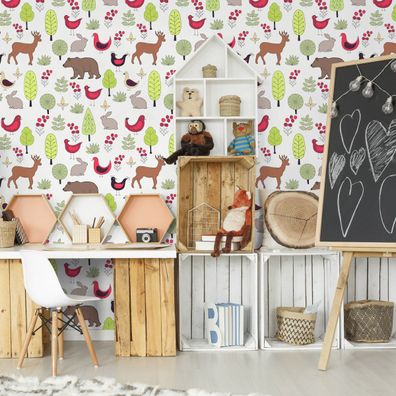 VLIES TAPETE Designtapete Kinderzimmer Hirsche Baeren Hasen Blumen Baeume XXL 2107