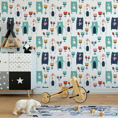 VLIES TAPETE Designtapete Kinderzimmer Baeren Blumen Samen Herzen Sterne XXL 2165