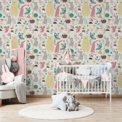 VLIES TAPETE Designtapete Kinderzimmer Baeren Hasen Voegel Blumen Natur XXL 2744