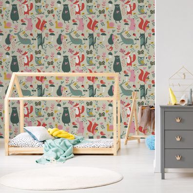 VLIES TAPETE Designtapete Kinderzimmer Hirsche Hasen Fuechse Voegel Blumen XXL 2805