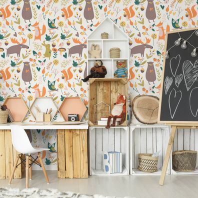 VLIES TAPETE Designtapete Kinderzimmer Wald Baeren Hasen Fuechse Blumen XXL 2914