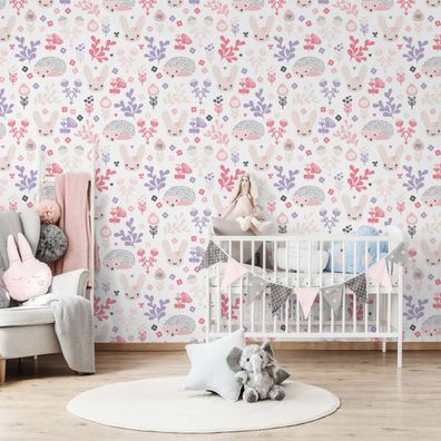 VLIES TAPETE Designtapete Kinderzimmer Tiere Hasen Baeren Blumen Herzen XXL 2898