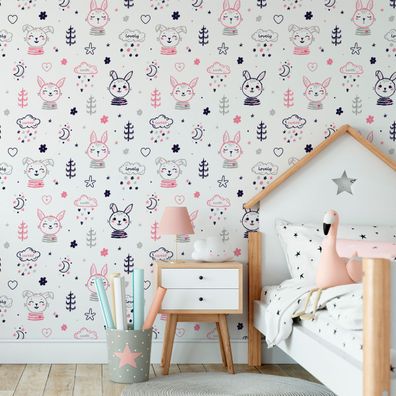 VLIES TAPETE Designtapete Kinderzimmer Hasen Baeume Sterne Blumen Herzen XXL 2635