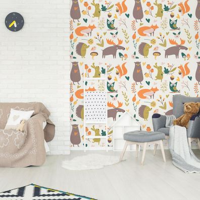 VLIES TAPETE Designtapete Kinderzimmer Baeren Fuechse Voegel Blumen Wald XXL 3081