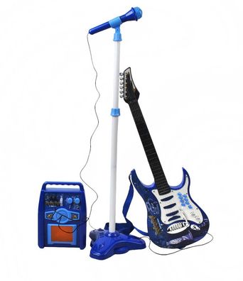 E-Gitarre + Verstärker + Mikrofon mit Ständer Blau Set für Jungen 1554