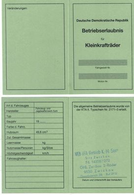 Betriebserlaubnis SIMSON S 50, Blanko, IFA Papiere, Ost Moped, DDR Oldtimer