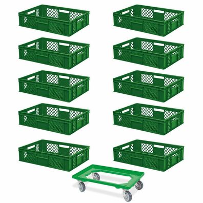 10 Euroboxen, 600x400x150 mm, lebensmittelecht, grün + Transportroller