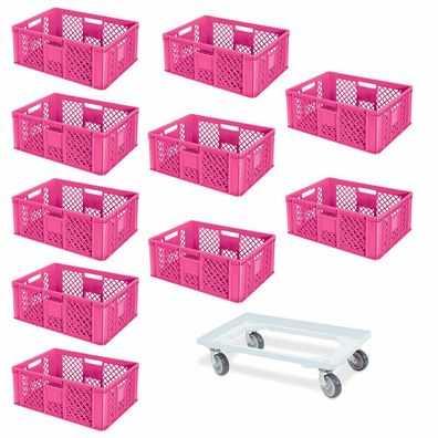 10 Euroboxen, 600x400x240 mm, pink, lebensmittelecht + Transportroller