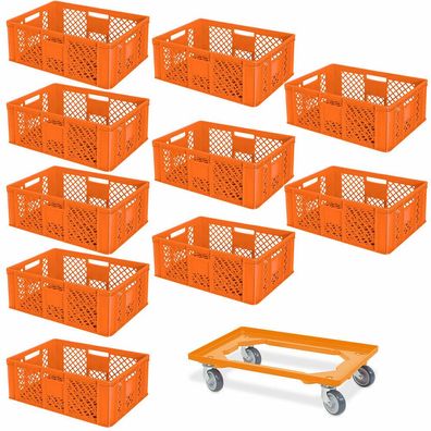 10 Euroboxen, 600x400x240 mm, orange, lebensmittelecht + Transportroller