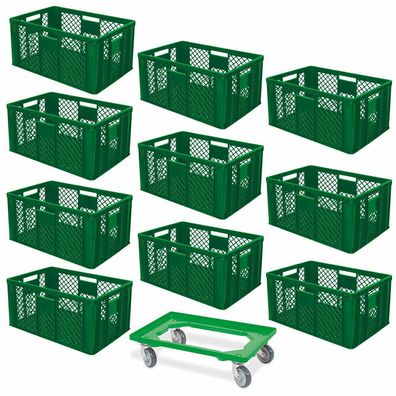 10 Euroboxen, 600x400x320 mm, lebensmittelecht, grün + 1 Transportroller grün