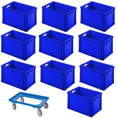 10 Eurobehälter, LxBxH 600x400x320 mm, geschlossen, blau + 1 Transportroller