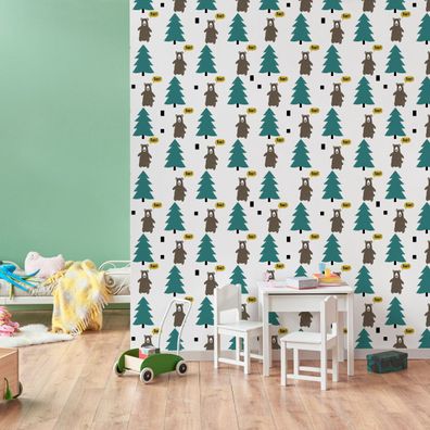 10m VLIES TAPETE Rolle Kinderzimmer Wald Waldtiere Bären Bäume Natur XXL 1582