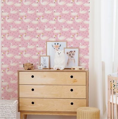 10m VLIES TAPETE Rolle Kinderzimmer Vögel Schwäne Kronen Herzen Bunt XXL 1891