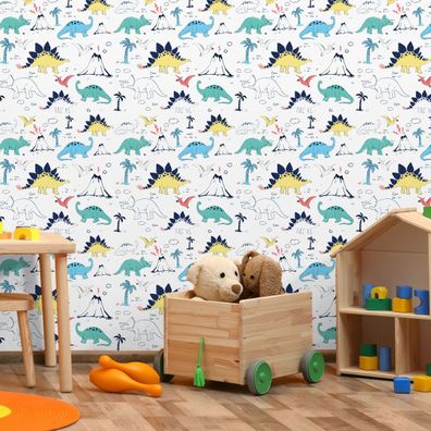 10m VLIES TAPETE Rolle Kinderzimmer Dinosaurier Wolken Palmen Vulkane XXL 1578