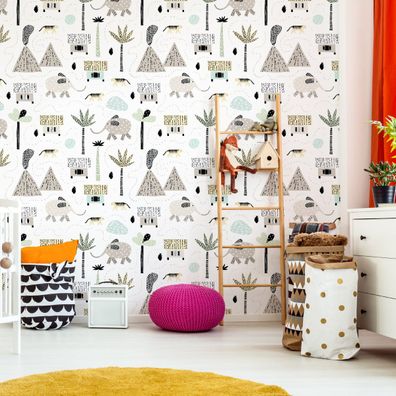 10m VLIES TAPETE Rolle Kinderzimmer Junge Palmen Tiere Vulkan Kinder XXL 1654