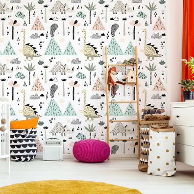 10m VLIES TAPETE Rolle Kinderzimmer Junge Dinosaurier Palmen Berge XXL 1655