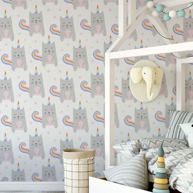 10m VLIES TAPETE Rolle Kinderzimmer Magische Katzen Sterne Regenbogen XXL 1758