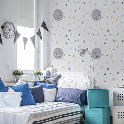 10m VLIES TAPETE Rolle Kinderzimmer Sterne Monde Himmel Kosmos Nacht XXL 1797