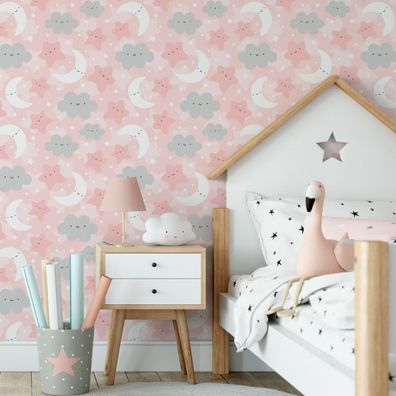 10m VLIES TAPETE Rolle Kinderzimmer Sterne Monde Wolken Nacht Schlafen XXL 1571