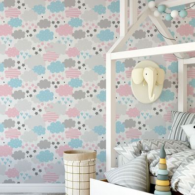 10m VLIES TAPETE Rolle Kinderzimmer Himmel Wolken Sterne Nacht Herzen XXL 1917