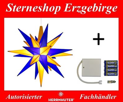 Herrnhuter Ministern A1e blau-gelb (LED) Kunststoffstern 13 cm mit Batteriehalter