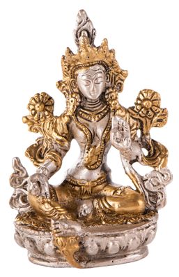Grüne Tara Messing versilbert 9,5 cm 250 g Buddha Göttin Schutzpatron Altarfigur