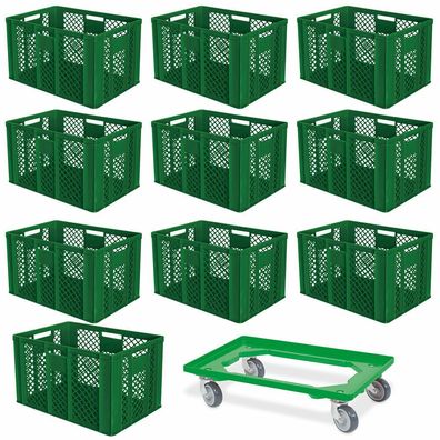 10 Euroboxen, 600x400x410 mm, lebensmittelecht, grün + 1 Transportroller, grün