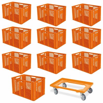 10 Euroboxen, 600x400x410 mm, lebensmittelecht, orange + 1 Transportroller, orange