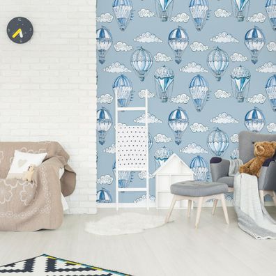 10m VLIES TAPETE Rolle Kinderzimmer Himmel Luftballons Wolken Linien XXL 2411