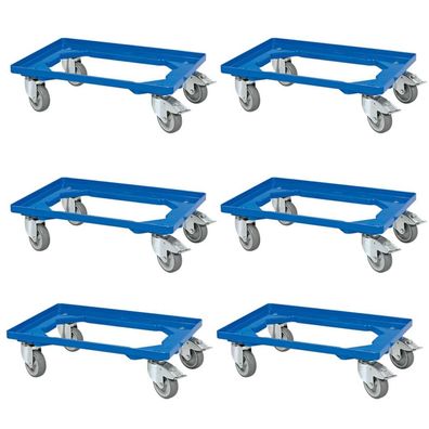 6 Transportroller f. Behälter, blau, 4 Lenkrollen, 2 m. Bremse, graue Gummiräder