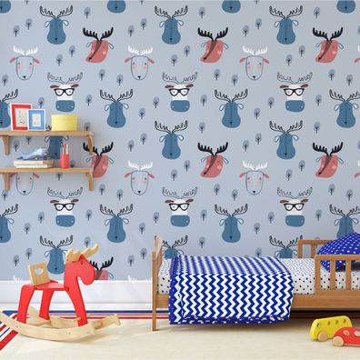 10m VLIES TAPETE Rolle Kinderzimmer Wald Tiere Elche Natur Bäume Gemalt XXL 2285